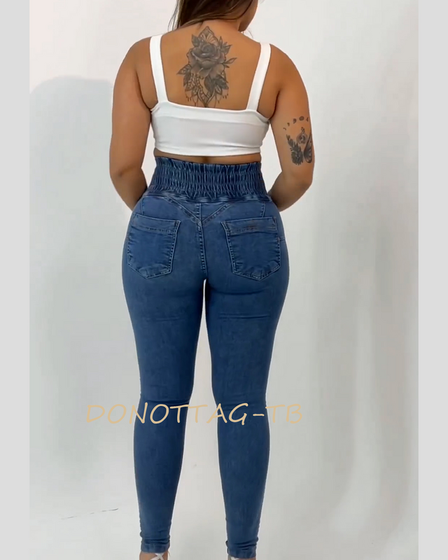 Celana Jeans wanita pinggang tinggi dengan lipatan elastis di pinggang ukuran Plus celana panjang wanita figur seksi Demin Skinny biru
