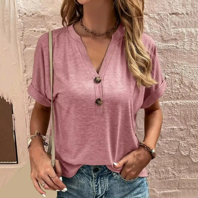 Camiseta informal de verano para mujer, camiseta elegante con cuello en V, camiseta informal de colección, Camiseta holgada de Color sólido