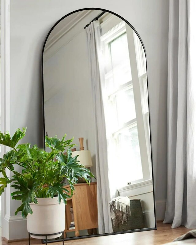 Espejo de piso arqueado de gran tamaño, espejo de pared de longitud completa para dormitorio, vidrio flotado de alta calidad, estructura mecánica triangular, 71 "x 30"