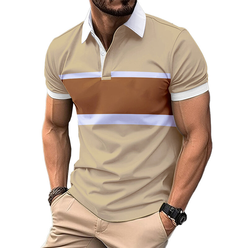 Kaus olahraga bergaris pria, atasan kasual kerah kancing untuk musim panas otot poliester nyaman reguler
