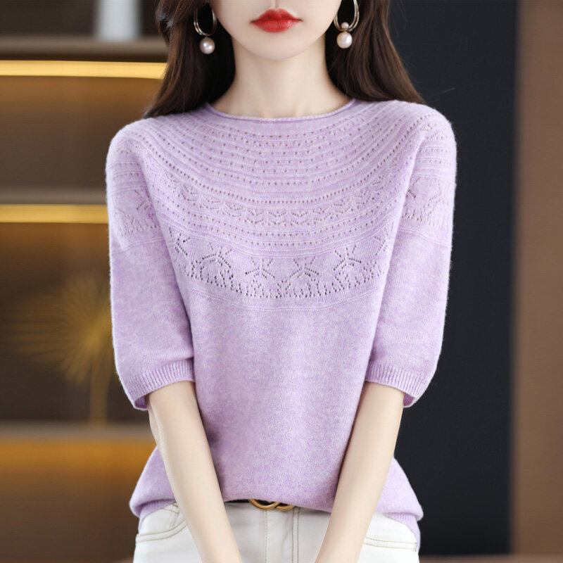 Sweater Women's Light Luxury Elegant Thin Section Worsted Knitted Summer Temperament Hook Flower Hollowed Out Thin All-Match Top