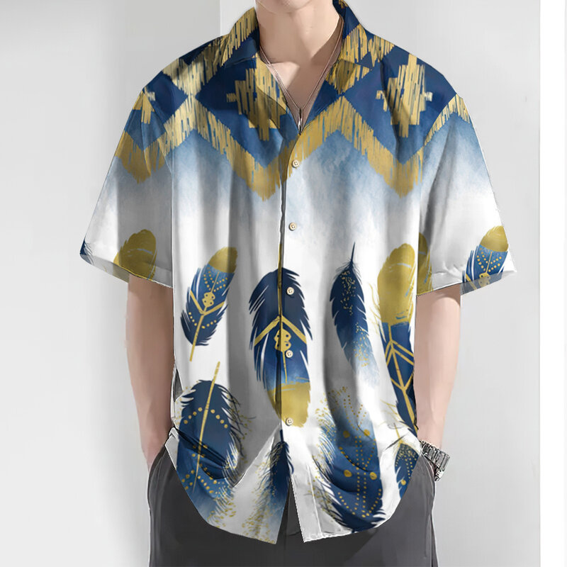 Рубашка мужская оверсайз с коротким рукавом, Повседневная Свободная Гавайская блуза с 3d принтом перьев, шикарная одежда