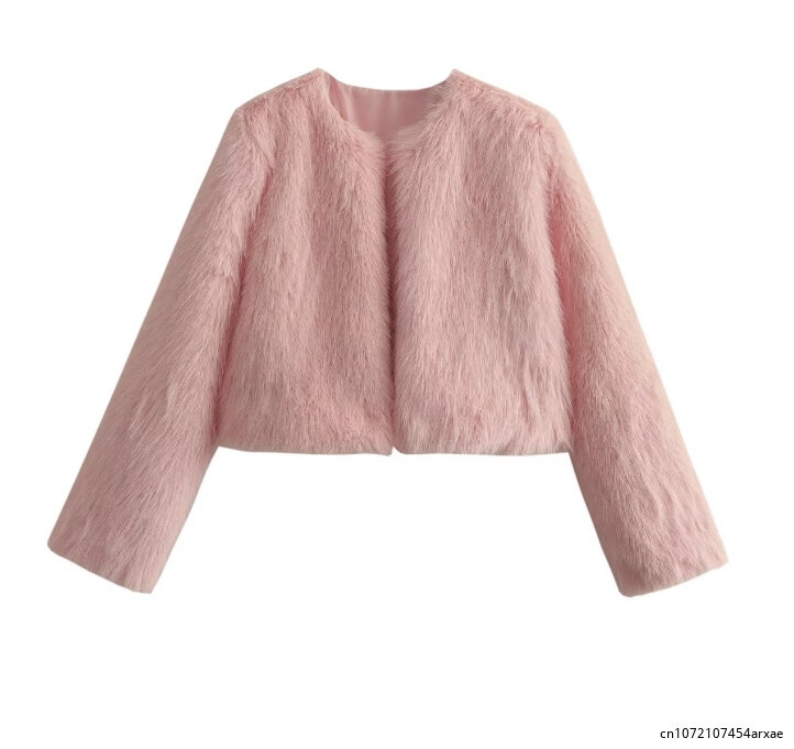 Elegancka luksusowa różowa puszysta płaszcz ze sztucznego futra damska luźna z długim rękawem ciepła kurtka damska jesienno-zimowa luźna damska odzież wierzchnia