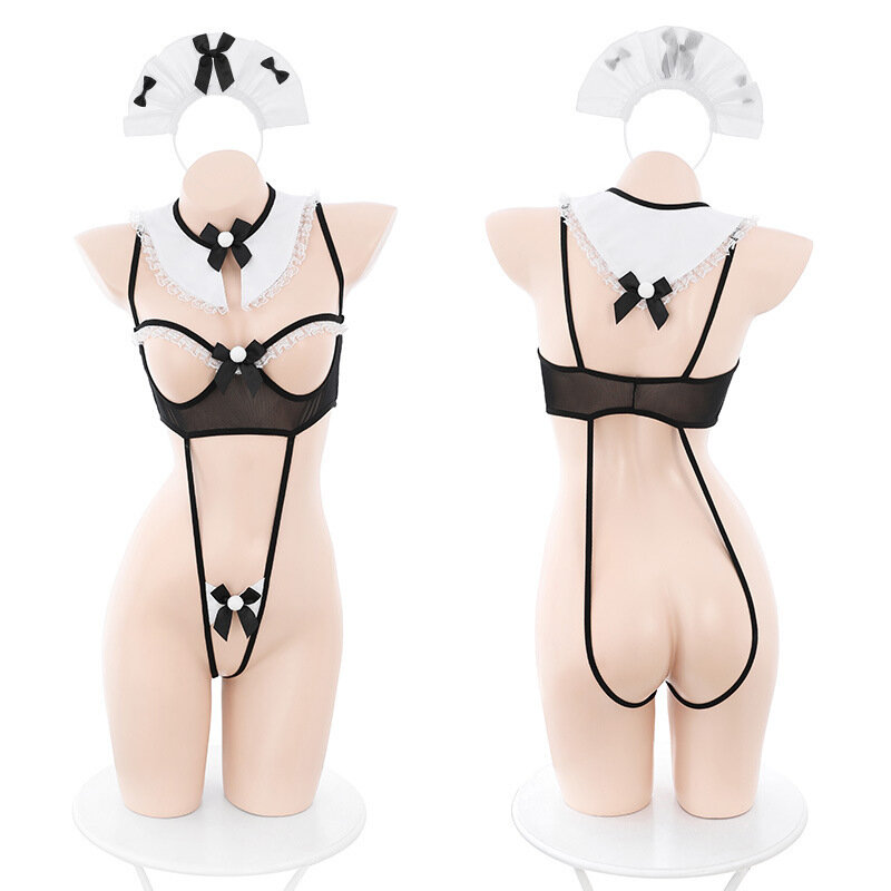 Women Sexy Crotchless Open-Bust Bodysuit Porn Maid Cosplay Costumes Women Open Crotch Cupless Sexy Teddies Erotic Maid Lingerie
