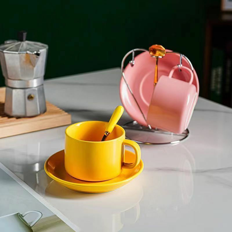 Nordic Cerâmica Xícara De Chá Conjunto Pires, Espresso De Porcelana Moderna, Leite Caneca De Café Com Colher, Office Home Table Drink, Presente De Cor Sólida