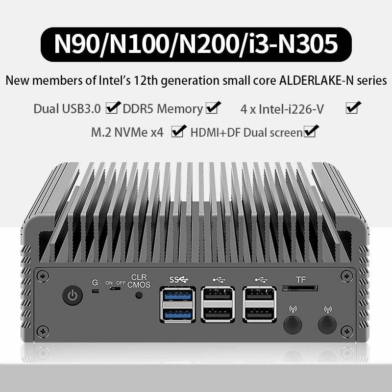 Proxmox-Mini PC de Firewall Intel, 10th Gen, i3, N305, 8 Core, N200, N100, Roteador Macio Fanless, DDR5, 4800MHz, 4xi226-V, 2.5G