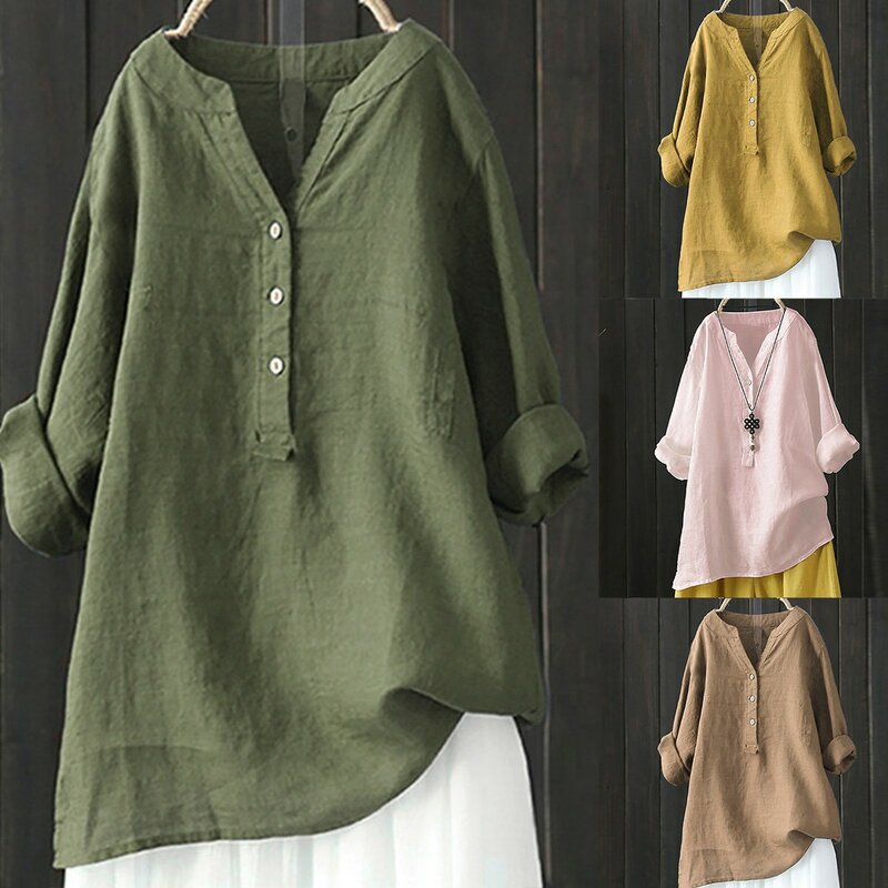 Camisa de manga larga de algodón y lino con botones para mujer, blusa holgada simple, Color sólido