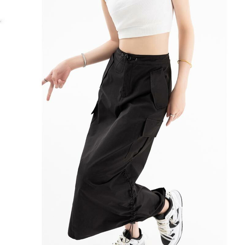 Женская юбка-карго в американском ретро стиле, летняя дизайнерская юбка средней длины с разрезом, высокой талией и кулиской, уличная модная одежда Y2k