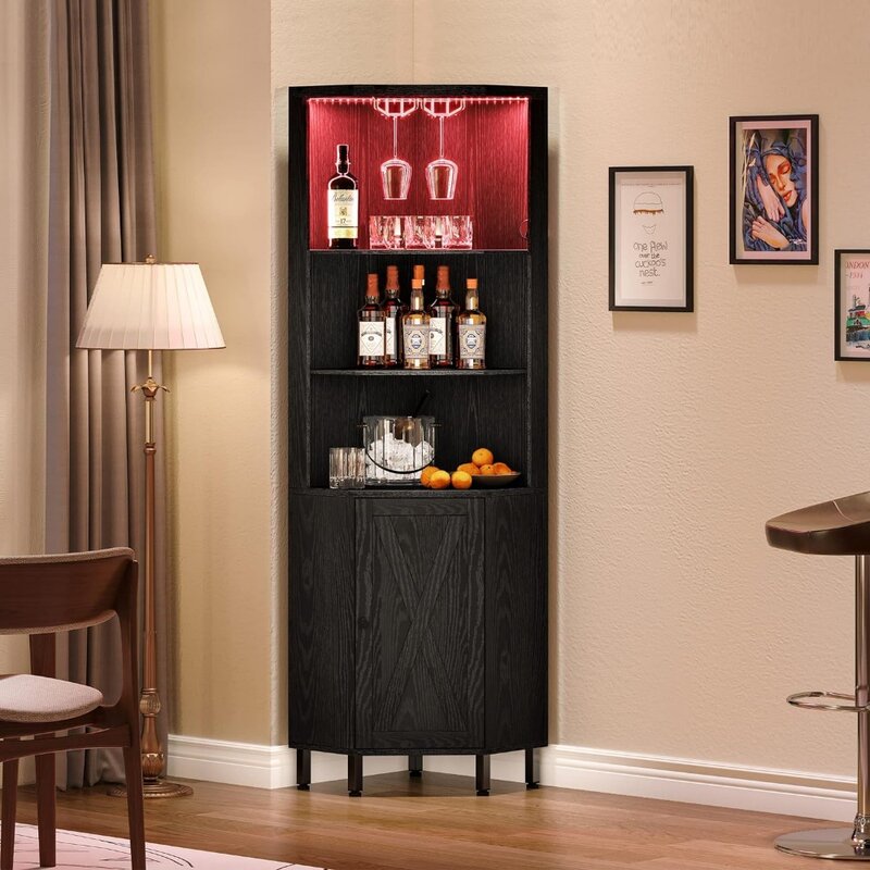 YITAHOME-Armoire de bar d'angle avec lumières LED et porte-verre, étagère d'angle à 5 niveaux avec rangement, étagères d'exposition pour armoire à vin T1