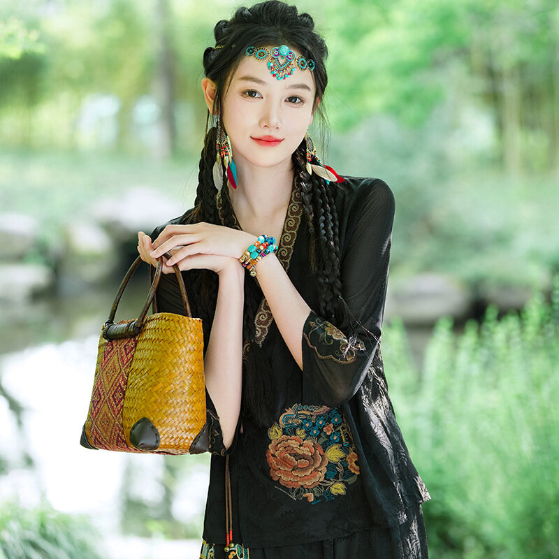 Strój Tang szorty w stylu etnicznym chińskie tradycyjne ulepszony sweter z haft Retro Hanfu elegancka odzież klasyczna