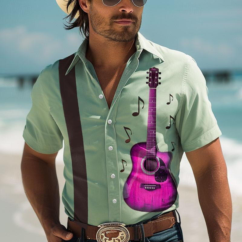 Guitarra retrô masculina camisa havaiana, camisa de férias manga curta, macia e confortável, design de botão, moda