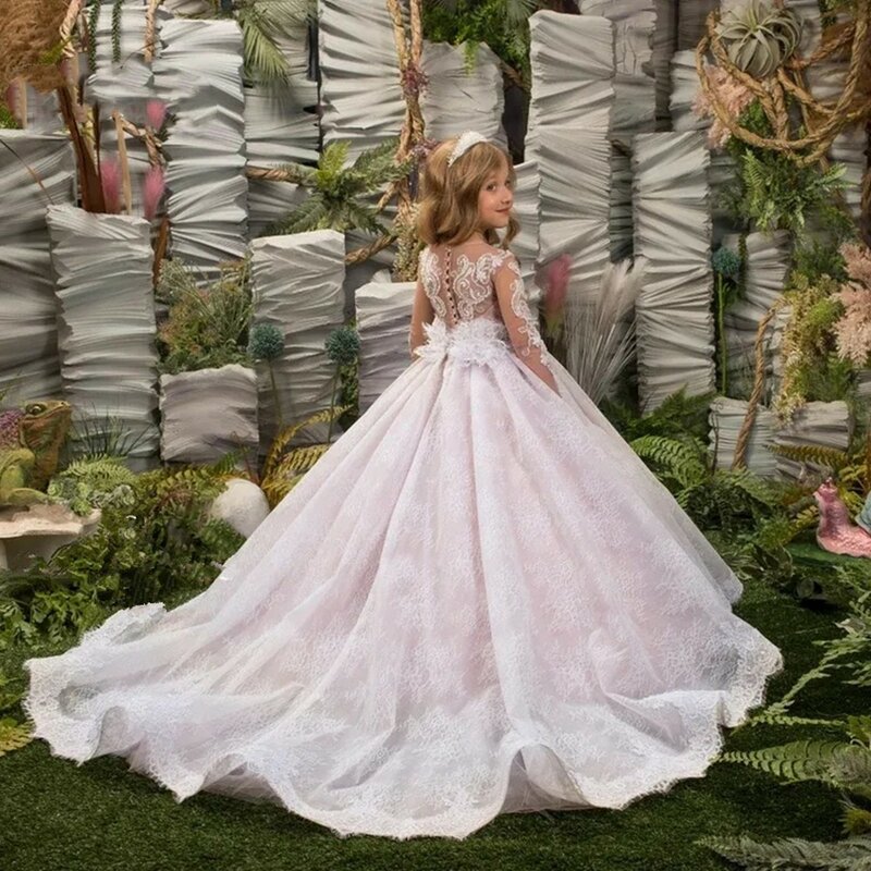 Abiti da ragazza di fiori abiti da principessa da sposa abiti in pizzo manica lunga abito formale da damigella d'onore evento per la prima comunione