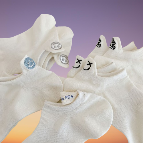 5/10 Pairs Embroidered Smiley Face Shallow Mouth Socks Men And Women Cotton Summer Thin All White Heel Ear Invisible Boat Socks