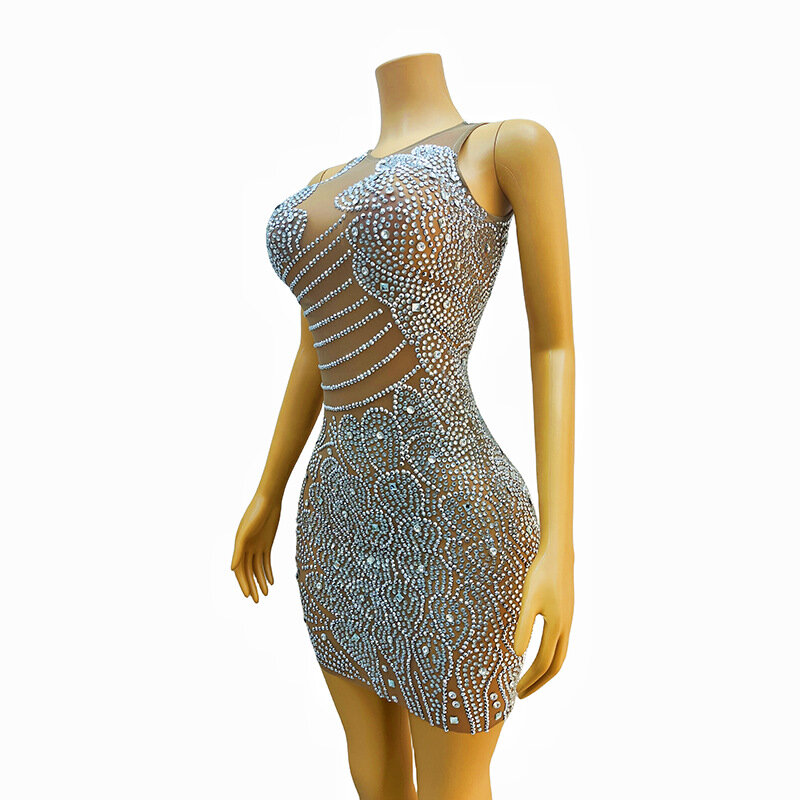Personalizzato nuove nappe pizzo a rete trasparente alta elastico manica corta perla Sexy vestito da partito stretto vestito da spettacolo teatrale