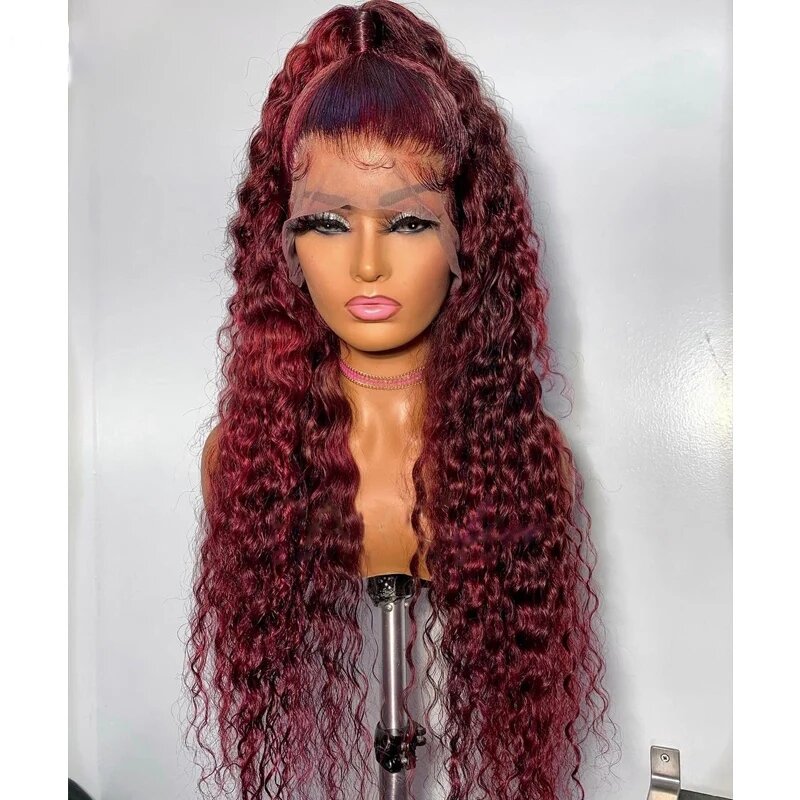 QW Preplucked Glueless Soft Curly Burgundy Red  Lace Front Wig For African Women Babyhair Heat Resistant Fiber 180Density  Daily