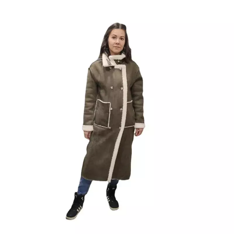Jaket wol domba untuk wanita, mantel panjang dengan bulu domba terintegrasi untuk versi siluet modis untuk kehangatan