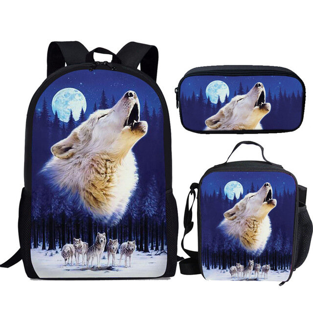 Classic Creative Cartoon Funny Moon Wolf 3D Print 3pcs/Set pupil School Bags Laptop Daypack Backpack Lunch bag Pencil Case