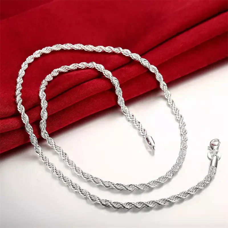 Collares de plata de ley 925 para hombre y mujer, cadena de cuerda fina de 4MM, joyería clásica de moda, regalos de vacaciones para fiesta de boda