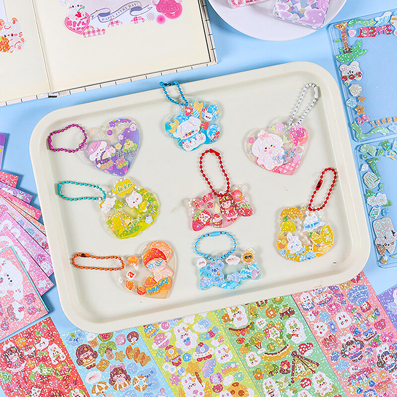 10PCS Kawaii Korean Deco Sticker Pack Cute Colorful Cartoon Designs Sparkling Glitter Effect Diary Deco