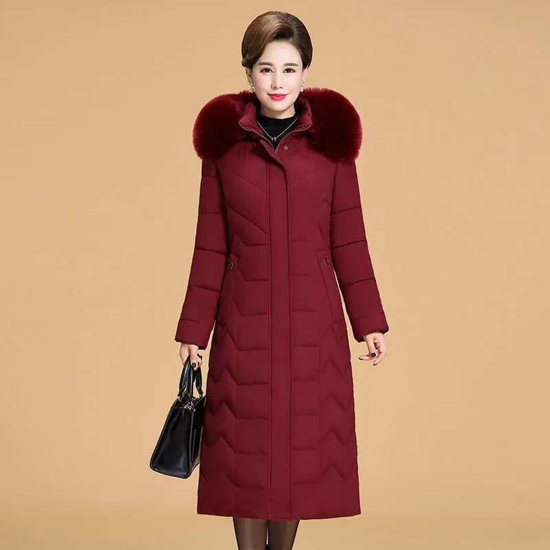 Parkas Women Large Size Long Hooded Thick Down Cotton Jacket Female Fur Collar Warm Middle-aged Mothers Casual Padded Coat Trend