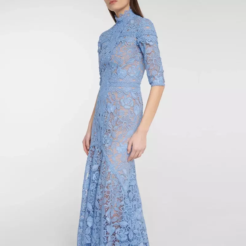 Light Mature Blue Lace Dress Irregular Dress High Low Fit Long Dress Fashion
