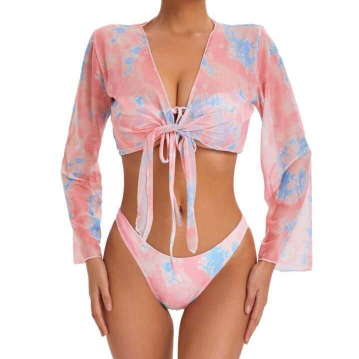 Frauen 4er Pack Print Langarm Bikini-Sets mit Mesh lange Hosen Vertuschungen Badeanzug weibliche Bade bekleidung Tanga Strand Badeanzüge