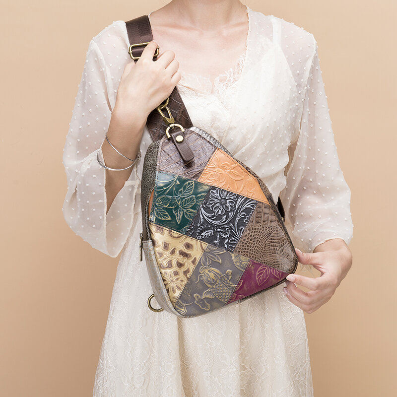 WESTAL-Bolso de hombro multicolor Vintage para mujer, bolsos de mensajero, paquete de pecho de viaje de cuero, paquete de pecho al aire libre