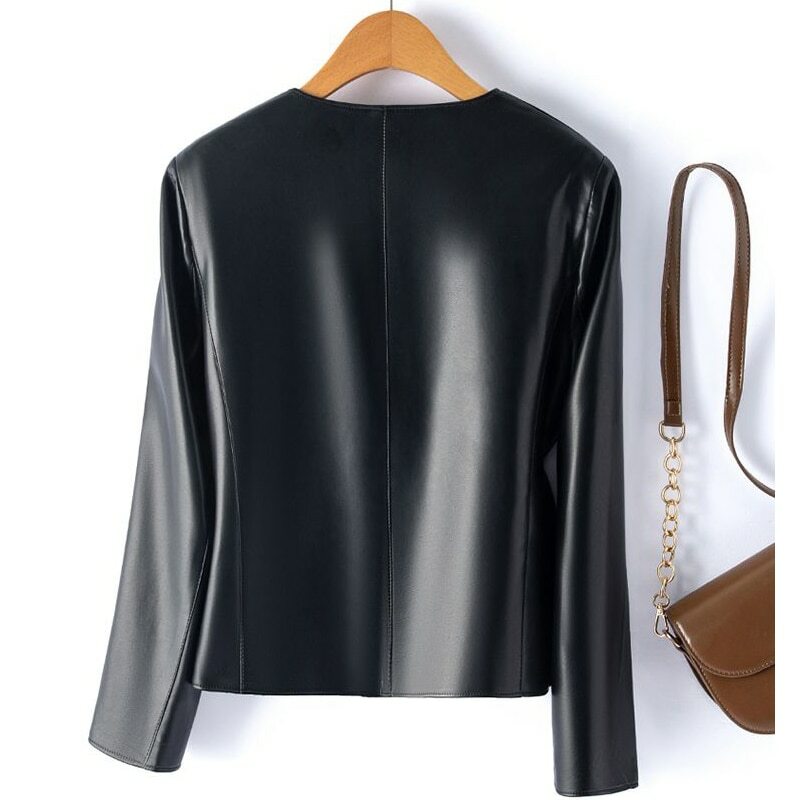 Black O-neck Real Leather Jacket for Women Fashion Single-breasted Pocket Chic Ladies Long Sleeve Split Sheepskin Jackets Coats