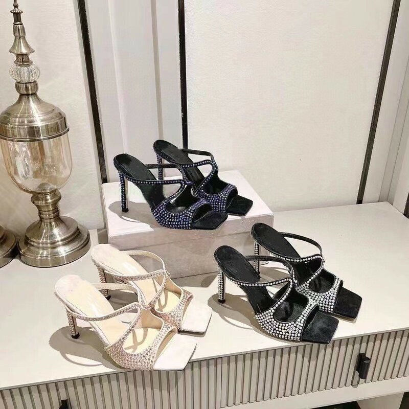 FANSAIDI-zapatos de punta cuadrada para mujer, zapatillas con diamantes de imitación de cristal de albaricoque, tacones de aguja Sexy, talla grande 42 43, 2023