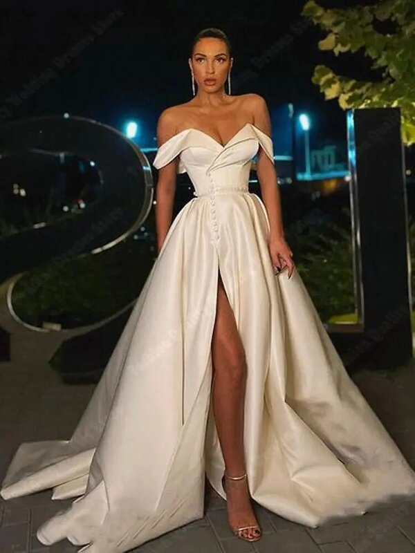 Gaun pengantin ukuran besar bahu terbuka terang populer rok Court kereta panjang Hem daftar terbaru putri Ems Vestidos De Noivas