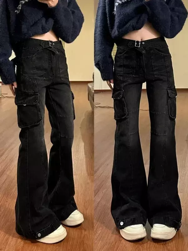 ADAgirl Black Cargo Flare Jeans Women Streetwear Vintage Baggy Korean High Waist Denim Pants Y2k Causal Kpop Wide Leg Trousers