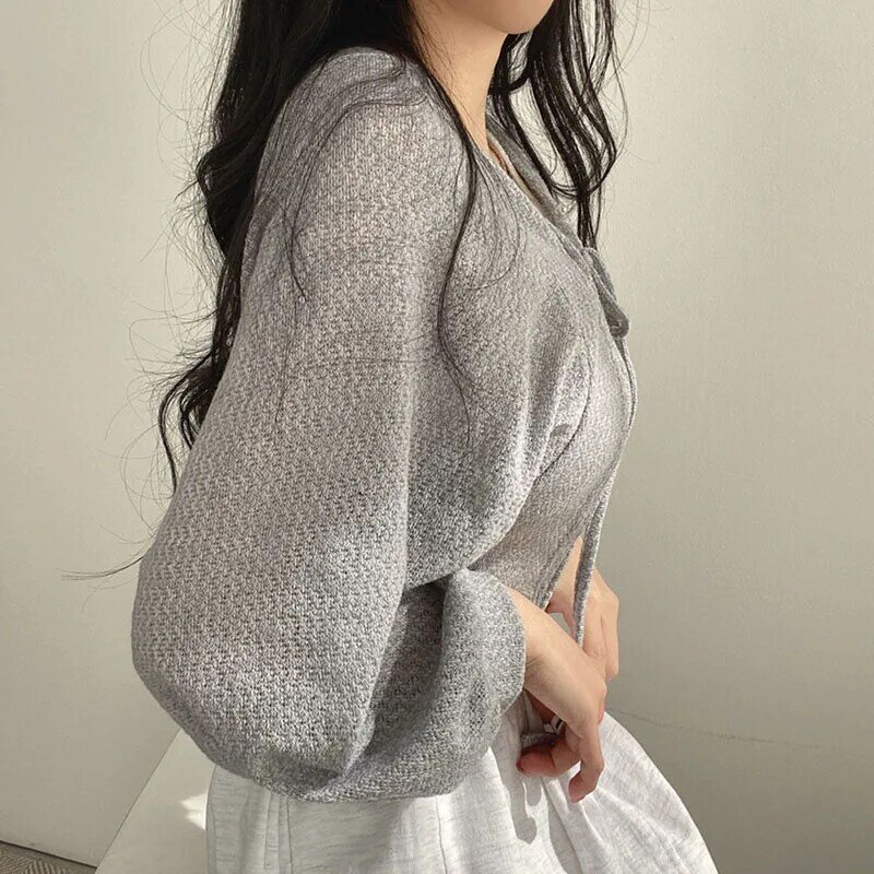 Lucyever białe sweter dziergany damskie letnie cienkie, sznurowane dzianiny z filtrem przeciwsłonecznym damskie koreańskie lampiony z krótkim płaszczem