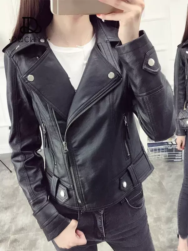 여성용 PU 가죽 재킷, 블랙 짧은 코트, 슬림 라펠 오토바이 탑, 캐주얼 인조 모피 코트, 가을 패션