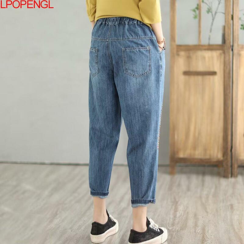 Модные новые женские летние винтажные свободные джинсовые брюки до щиколотки с цветной вышивкой повседневные шаровары мешковатые джинсы с эластичным поясом