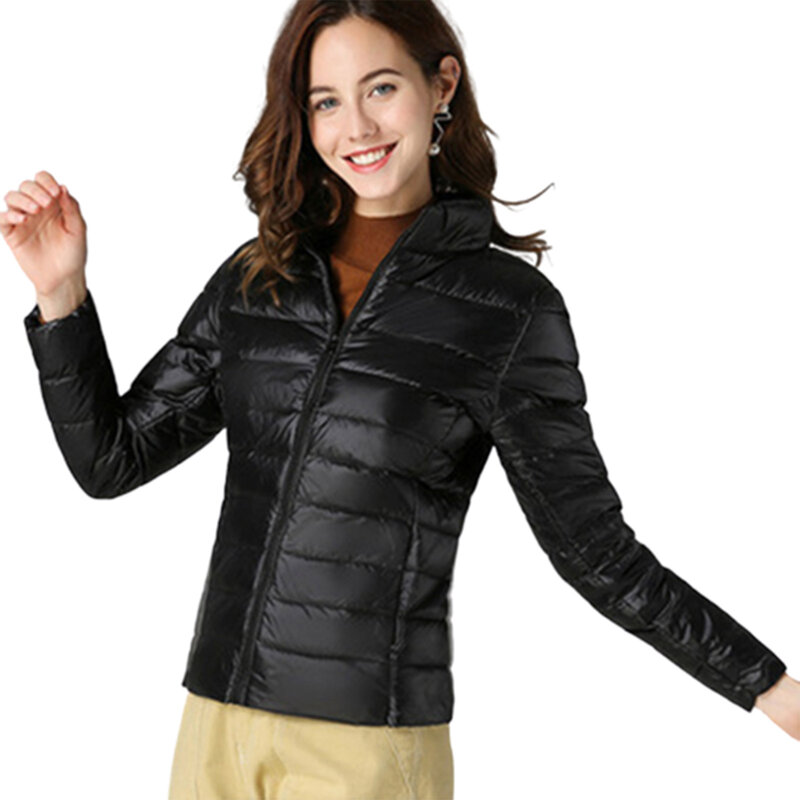 ポケット付きの女性用ジップアップフグダウンコート、スリムショートジャケット、快適、ショッピングウェアになります
