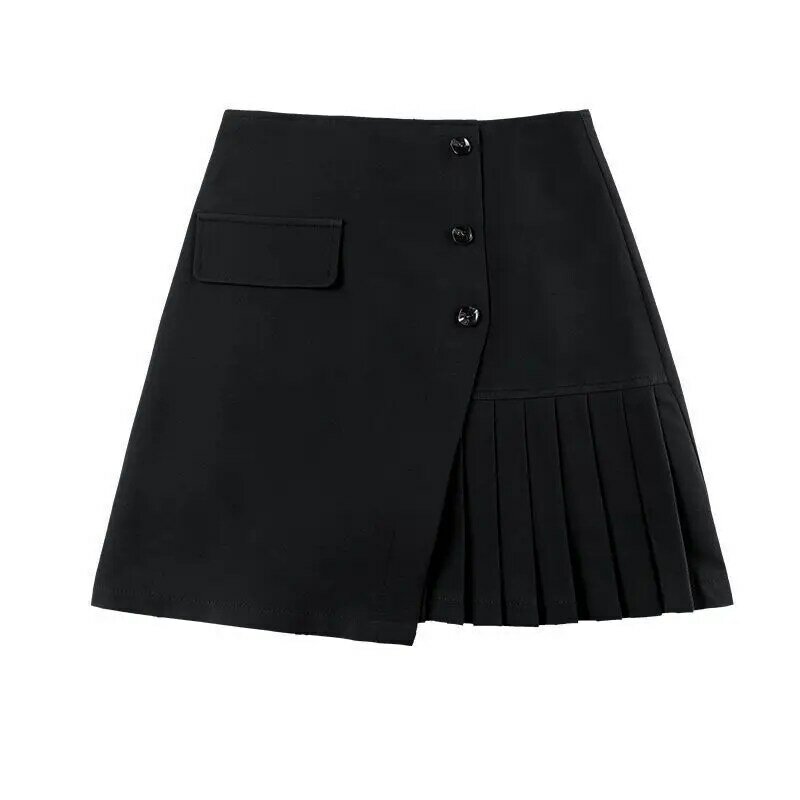 Fashion Zipper Button Spliced Asymmetrical Casual Pleated Skirts Women's Clothing 2024 Summer Loose Solid Color Irregular Skirts