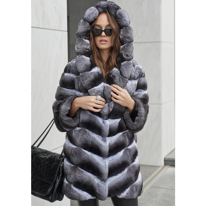 Abrigo de piel de Chinchilla para mujer, chaqueta de piel de conejo Rex Real con capucha, marca de lujo, Invierno