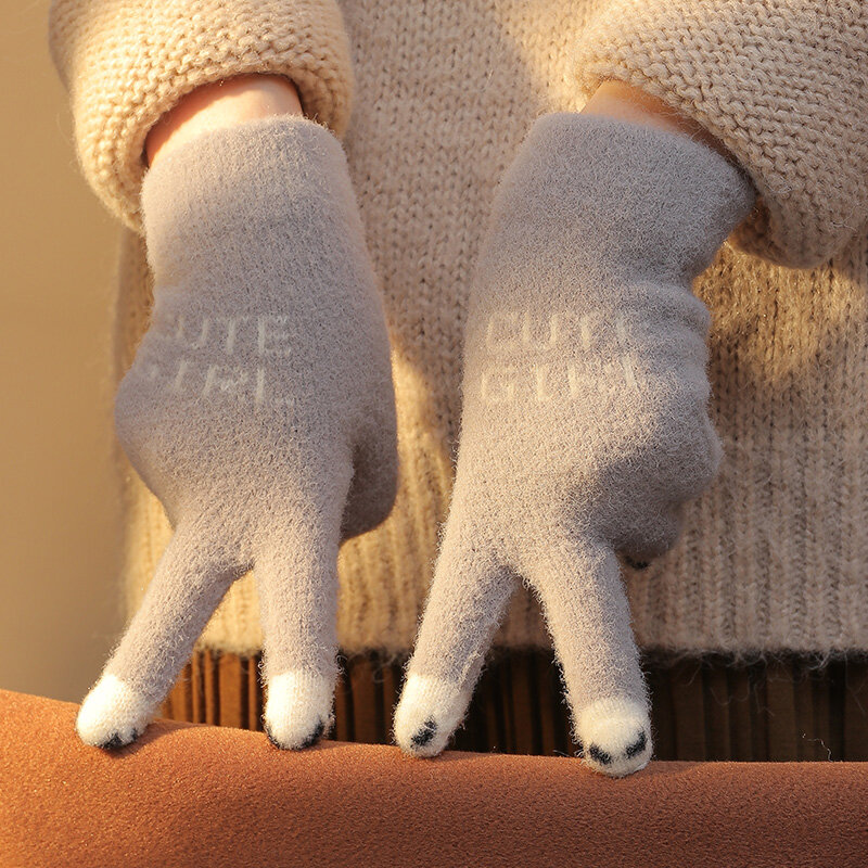 Теплые норковые перчатки для женщин, милая панда, шерстяные перчатки для сенсорного экрана, женские пушистые ветрозащитные уличные вязаные женские перчатки