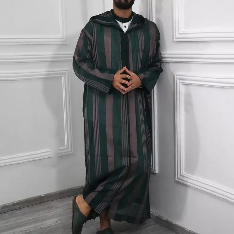 2023 Islamitische Arabische Lappendeken Gestreepte Moslimjurk Met Capuchon En Rits Voor Heren Herfst Streetwear Casual Losse Arabische Islamitische Gewaad