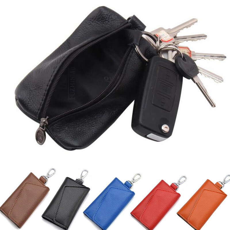 Dompet kunci kulit asli untuk pria, Dompet kunci kulit asli, tempat kunci mobil dan wanita, tas sarung kunci ritsleting untuk pria dan wanita
