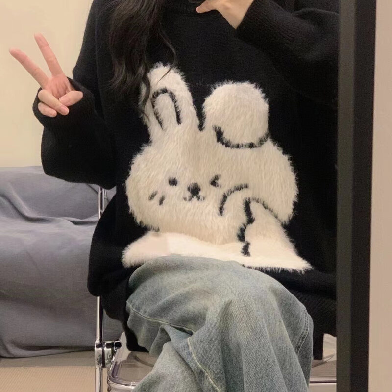 Velveted Cartoon Rabbit Preppy Knit maglione donna Y2K Retro Harajuku giacca termica estiva allentata 2022 autunno inverno nuovo Pullover