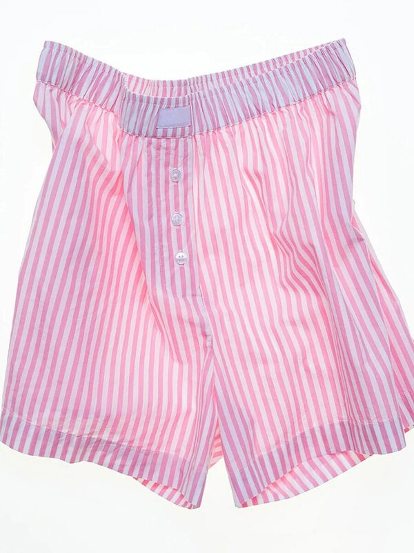 Damska nadruk w paski wygodne szorty elastyczna talia ozdobny guzik luźne krótkie spodnie z tylna kieszeń letnim spodem od piżamy