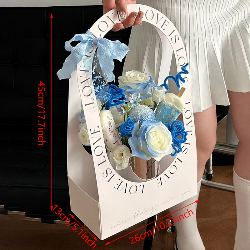 Double Sided Water Proof Kraft Paper Portable Flower Basket Bouquet Handle Carton Creative Bouquet Holiday Gift Wrapping Box