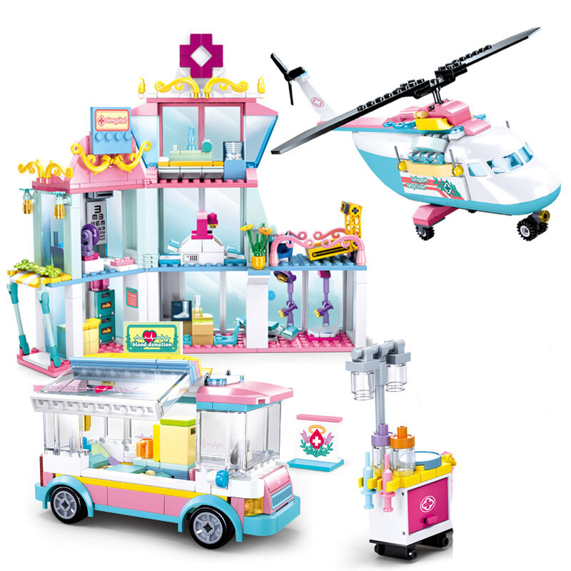 Sluban – kit d'ambulance pour filles, blocs de construction, thème médical, hélicoptère, hôpital, ville, véhicule