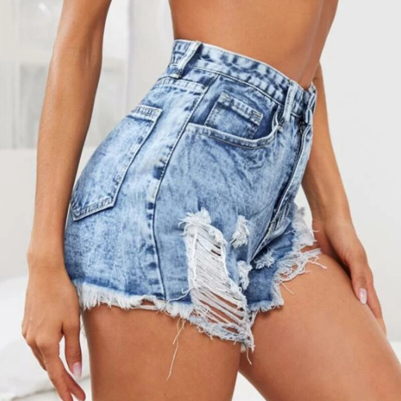 Denim Shorts Women Jeans High Waist Skinny Sexy Washing Holes Distressed Pockets Solid Zipper Fly Straight Basics 2024