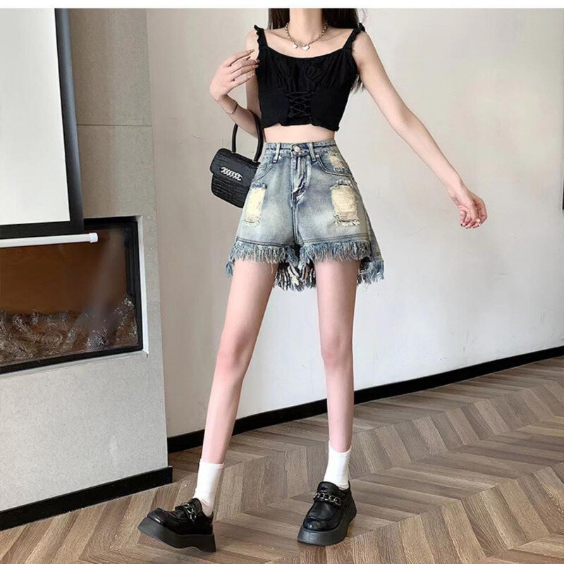 Duże pulchne spodenki jeansowe z wysokim stanem na lato 2023 kobiet nowe luźne i wyszczuplające proste najnowsze spodnie z szerokimi nogawkami
