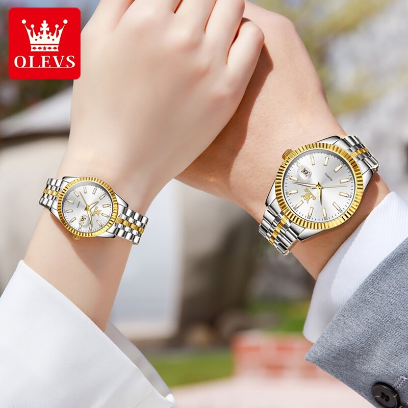OLEVS 5593 kalendarz mody kwarcowy para zegarek na rękę luksusowy oryginalny wodoodporny zegarek dla mężczyzn kobiet ze stali nierdzewnej