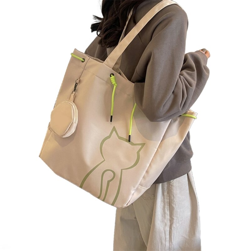 Bolsa feminina ombro capacidade, bolsa lona com estampa gato, bolsa compras para estudantes, bolsa escolar