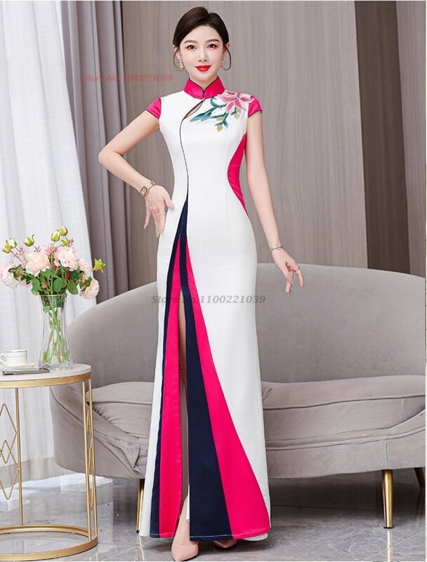 Vestido vintage chinês para banquete de noite cheongsam melhorado vestido de qipao bordado nacional de flores vestido de performance de palco 2024