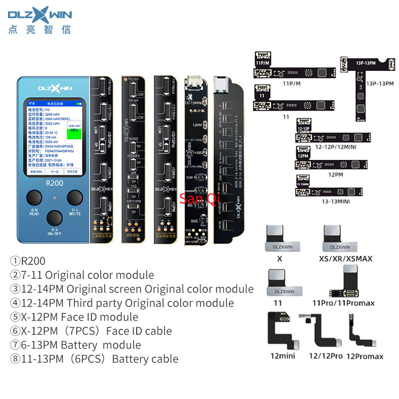 DL R200การซ่อมสีหลักรหัส iPhone X-11-12-13-14 Pro การเดินสายแบตเตอรี่ใหม่ประสิทธิภาพเป็นศูนย์ R100P ID ใบหน้า